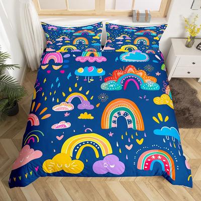 Regenbogen Bettbezug Aquarell Handgezeichnet Bettbezug Cartoon Regentropfen Kawaii Bettwäscheset Mädchen Krone Liebesherzen Steppdeckenbezug