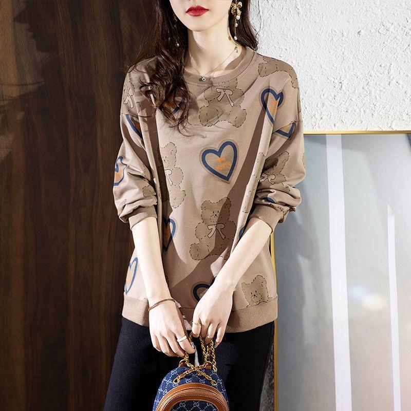 Dámský pulovr s malým potiskem medvídka ve velkých velikostech s dlouhým rukávem jarní a podzimní volný top