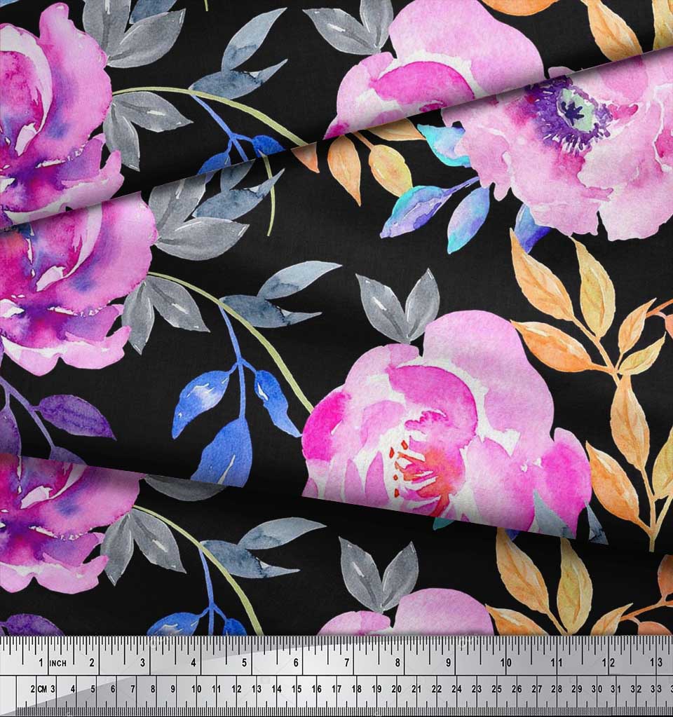 Soimoi Japan Crepe Satin Fabric Leaves & Peony Flower Print Fabric by the Metre 42 Inch