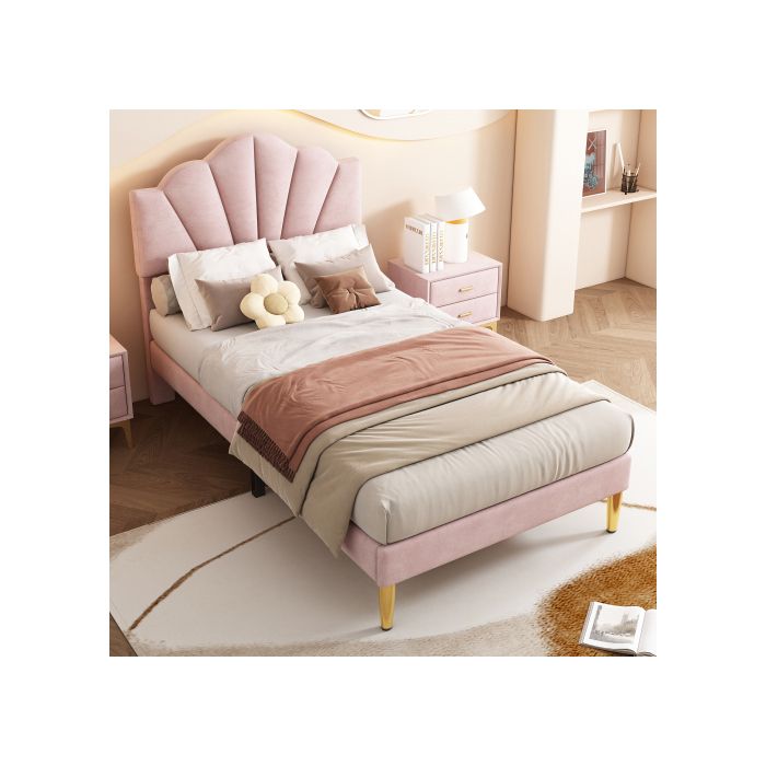 Lit - MUVOE - 90x200 Cm - Velours Rose - Tête De Lit Réglable - Sommier À Lattes En Bois