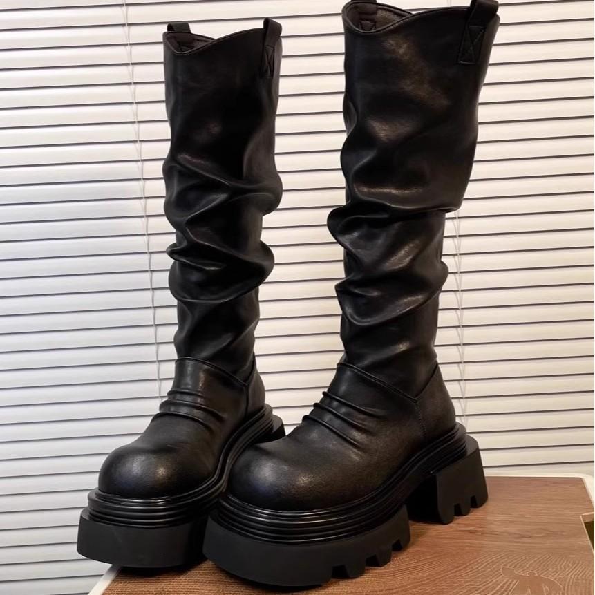 Korean Goods Thick-soled V-mouth Folds Piled High Boots Women Look Thin But Knee Long Boots Increase Height 7cm Big-headed Knight Boots