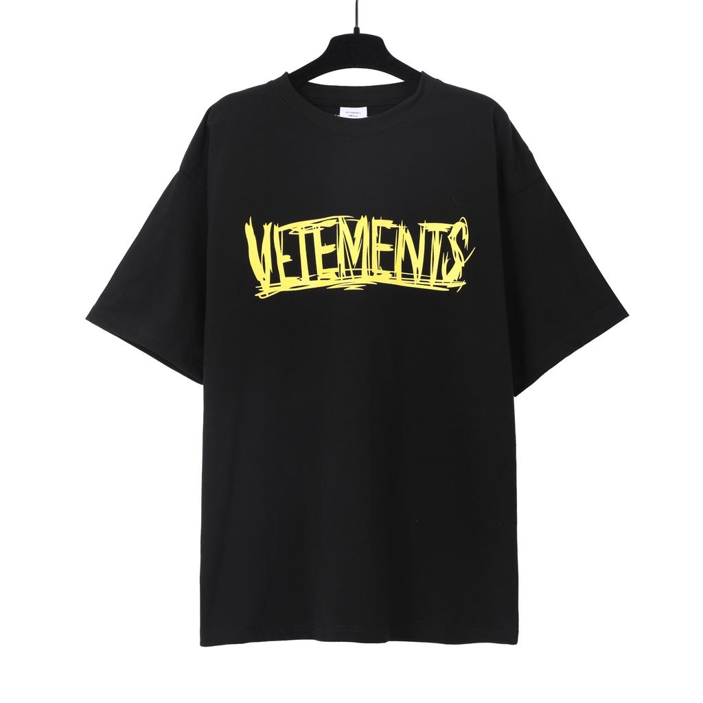 T-shirt in cotone puro a doppia filatura, lavata e invecchiata, con stampa di lettere Vetements, versione alta transfrontaliera, per uomo e donna