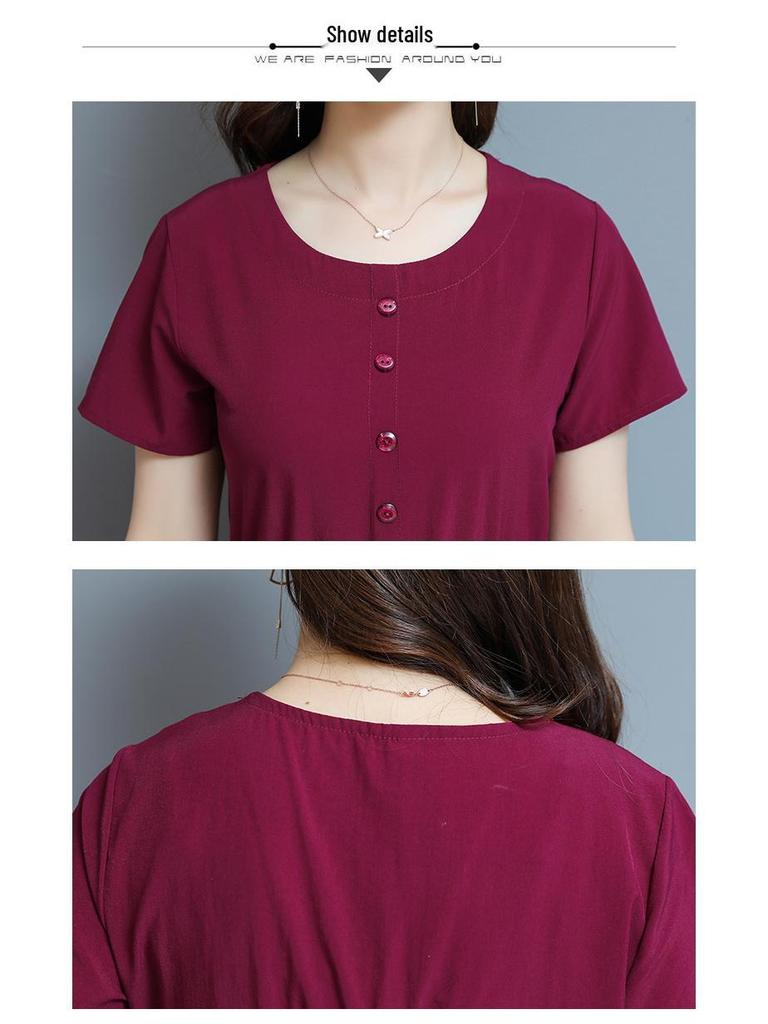 Loose Plus Size Summer Fashion Dress for Middle-Aged & Elderly Women - Solid Color, Mid-Length, Short Sleeves
