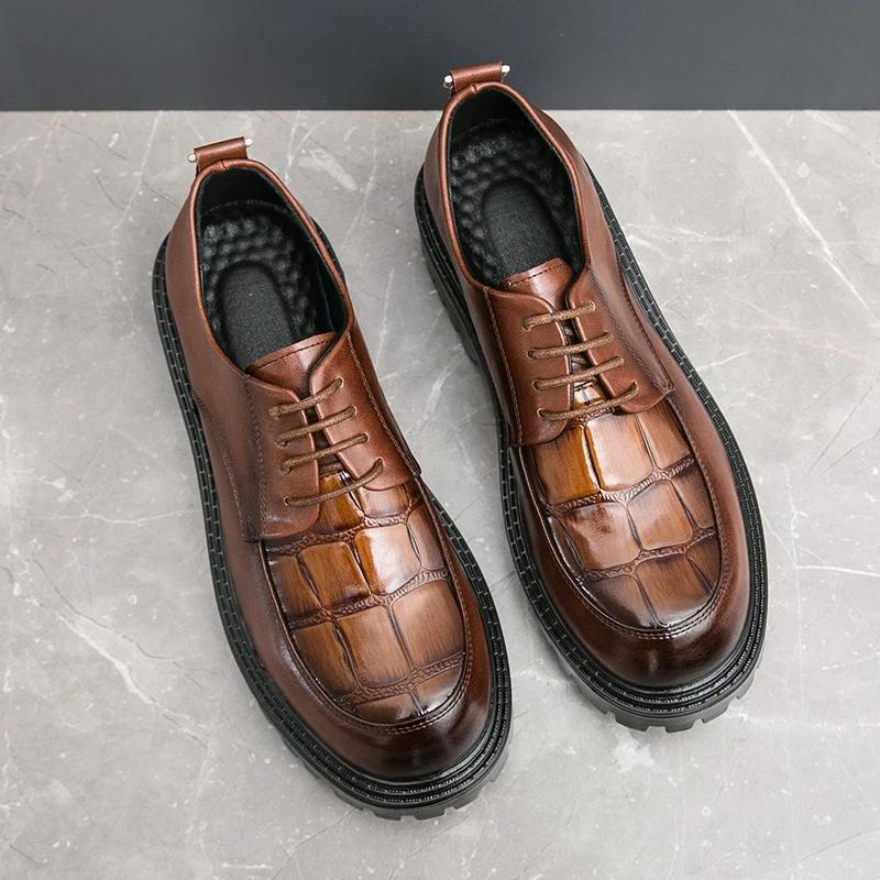 Fashion Spring New Thick Soled Lace Up Oxford Shoes for Men Designer Leather Shoes Waterproof Platform Business Formal Round Toe Shoes