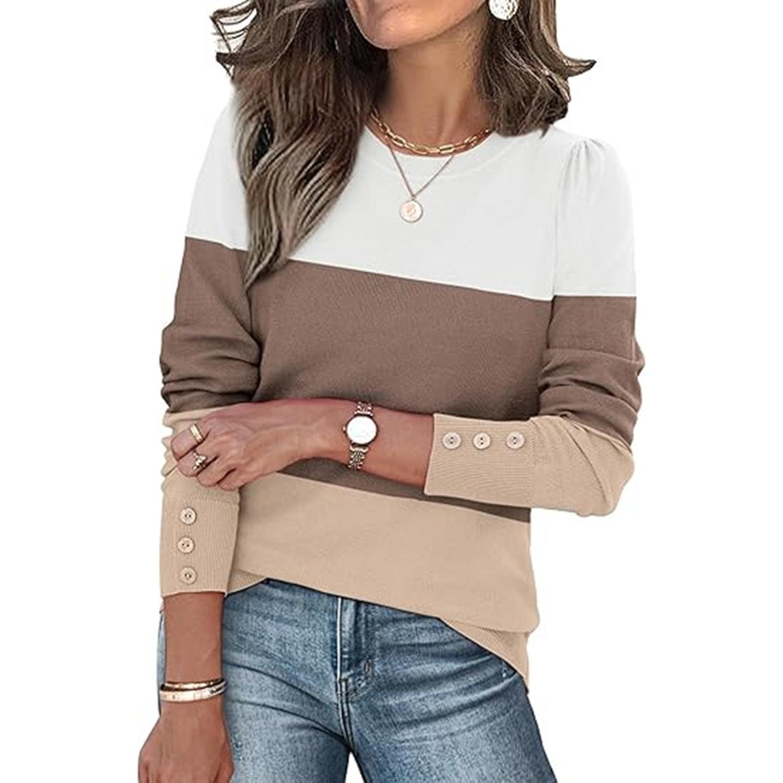 

Women s Color Blocked Button Round Neck Long Sleeved Loose Fitting Pullover Top XXL белый