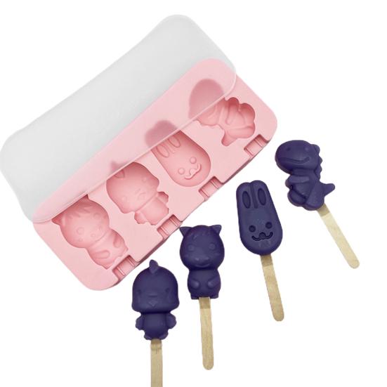 Molde de sorvete 4 cavidades em forma de animal faça você mesmo silicone caseiro coelho porquinho molde de picolé acessórios de cozinha