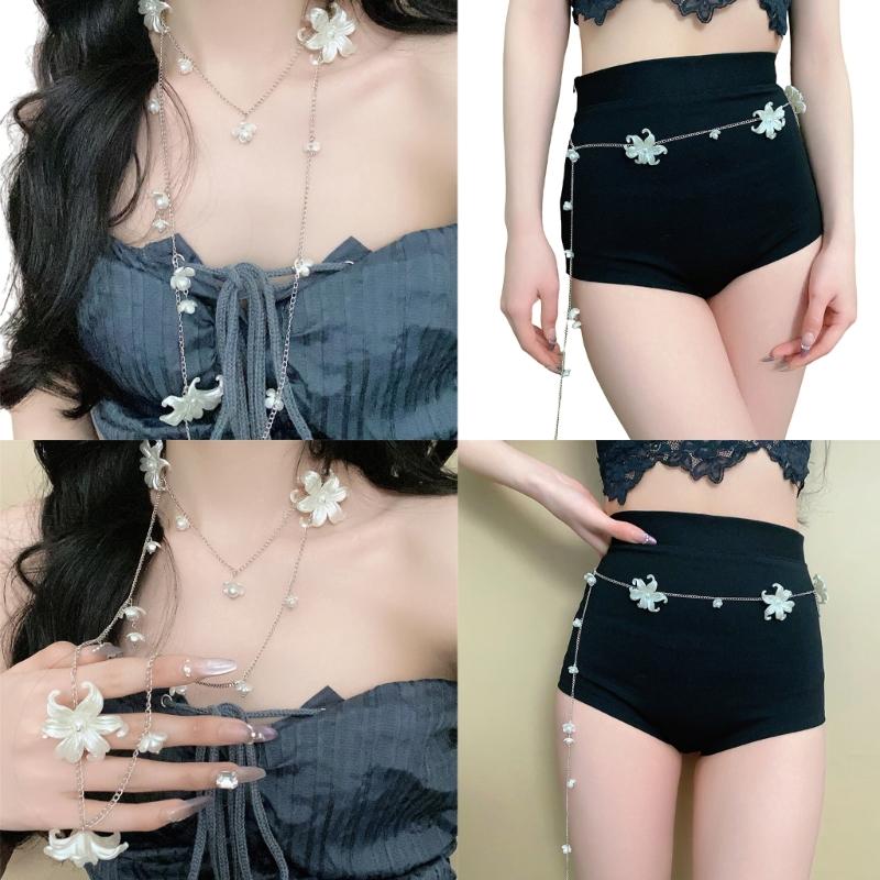 Elegant Floral Pearls Tassels Waist Chain/Necklace Body Jewelry Stylish Accessory For Dresses Parties And Casual Outfit