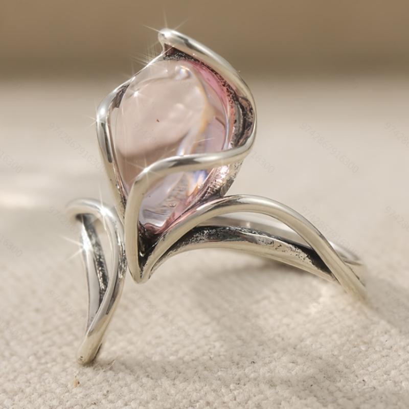 Vintage And Trendy Pink Color Teardrop Shaped Zircon Inlaid Open Ring, A Lovely Daily Holiday Accessory Gift For Women