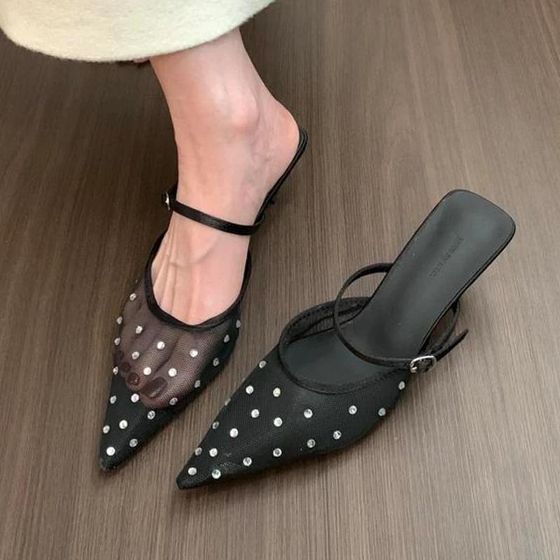 Luxury Women High Heels Slippers Crystal Pointed Toe Mules Shoes Women's Sandals Elegant 2025 Summer Fad Slides New Ladies Shoes