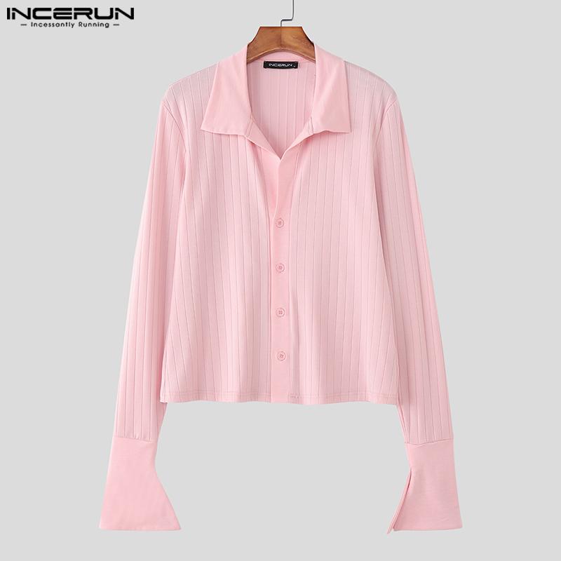 INCERUN Autumn Men Lapel Neck Long Sleeve Ribbed Casual Fitted Cropped Tops Undershirts