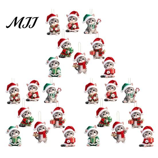 Cute Kitten Xmas Decor Christmas Ornament for Tree Hanging, 2D Flat Wooden Festive Gift Tags Decorative Pendant with Lanyard Home Holiday Party