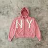 Mens Hooded Zip-Up Sweatshirt With Embroidered NY - Loose Fit Casual Pullover Fall