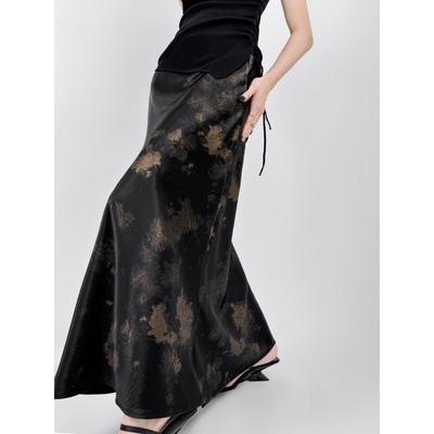 DOUBLE Z Elegant Gold Leaf Ink Splatter High-Waisted A-Line Tie-Dye Skirt for Women