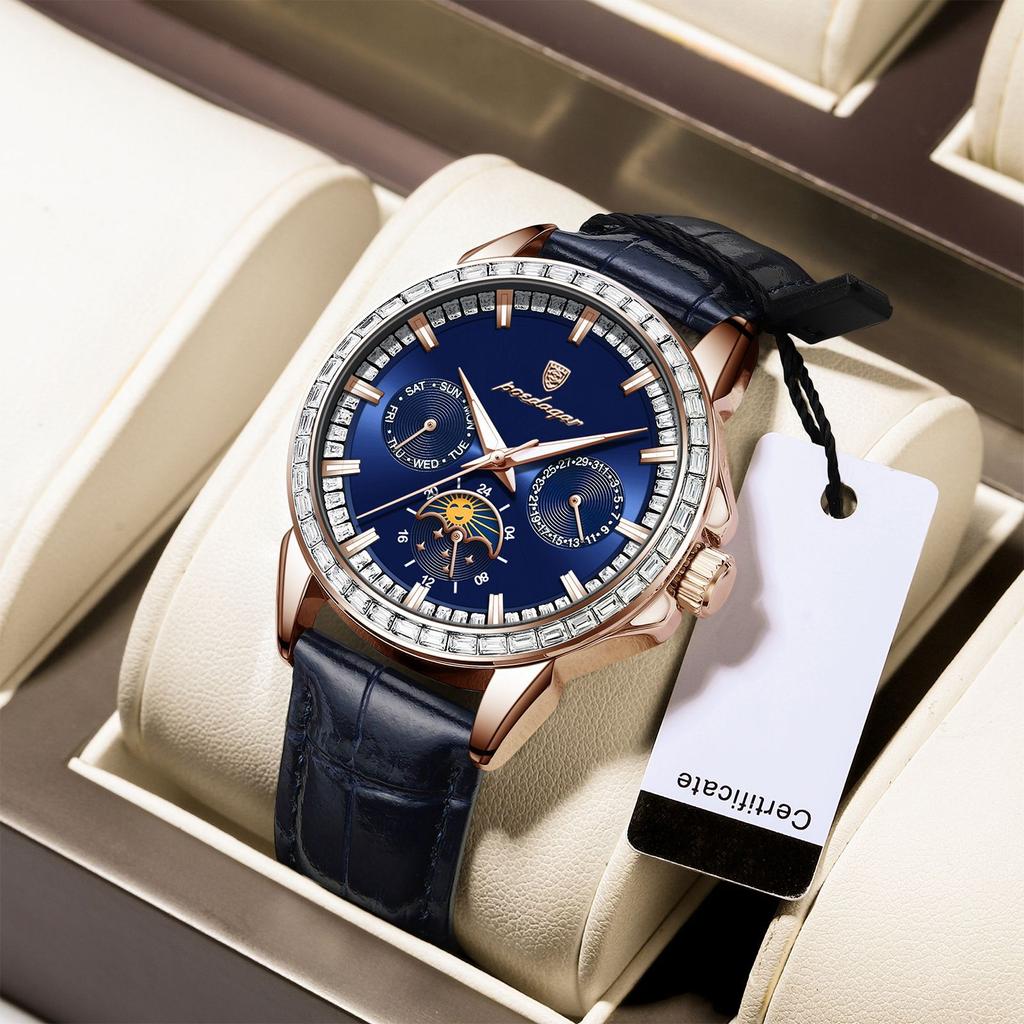 Herren-Quarzuhr mit Diamantenbesatz, Drei-Augen-Sechs-Zeiger-Mondphasen-Zifferblatt, Wasserdichte Herrenuhr mit Leuchtzeigern für Business und Freizeit, Geschenk für die Feiertage