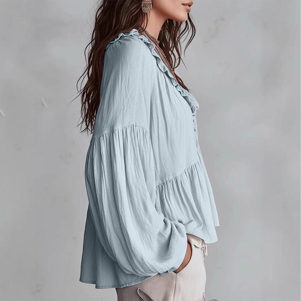 Women's Loose-fitting, Casual, And Sweet Blouse With Ruffled Trim And Puff Sleeves.