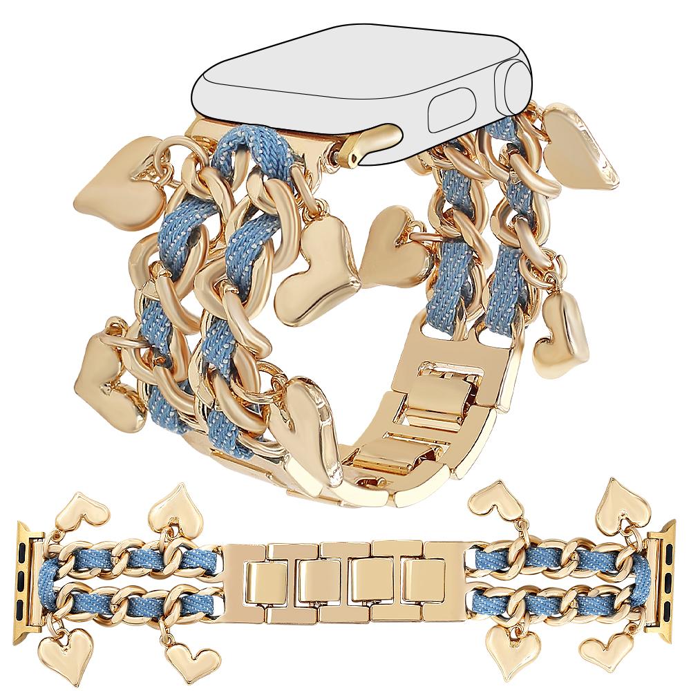

Watch Strap for Apple Watch Series 10 Ultra 9 8 7 SE 6 5 4 3 2 1 46mm 49mm 45mm 44mm 42mm Women Denim+Alloy Bracelet Band Gold+Light Denim