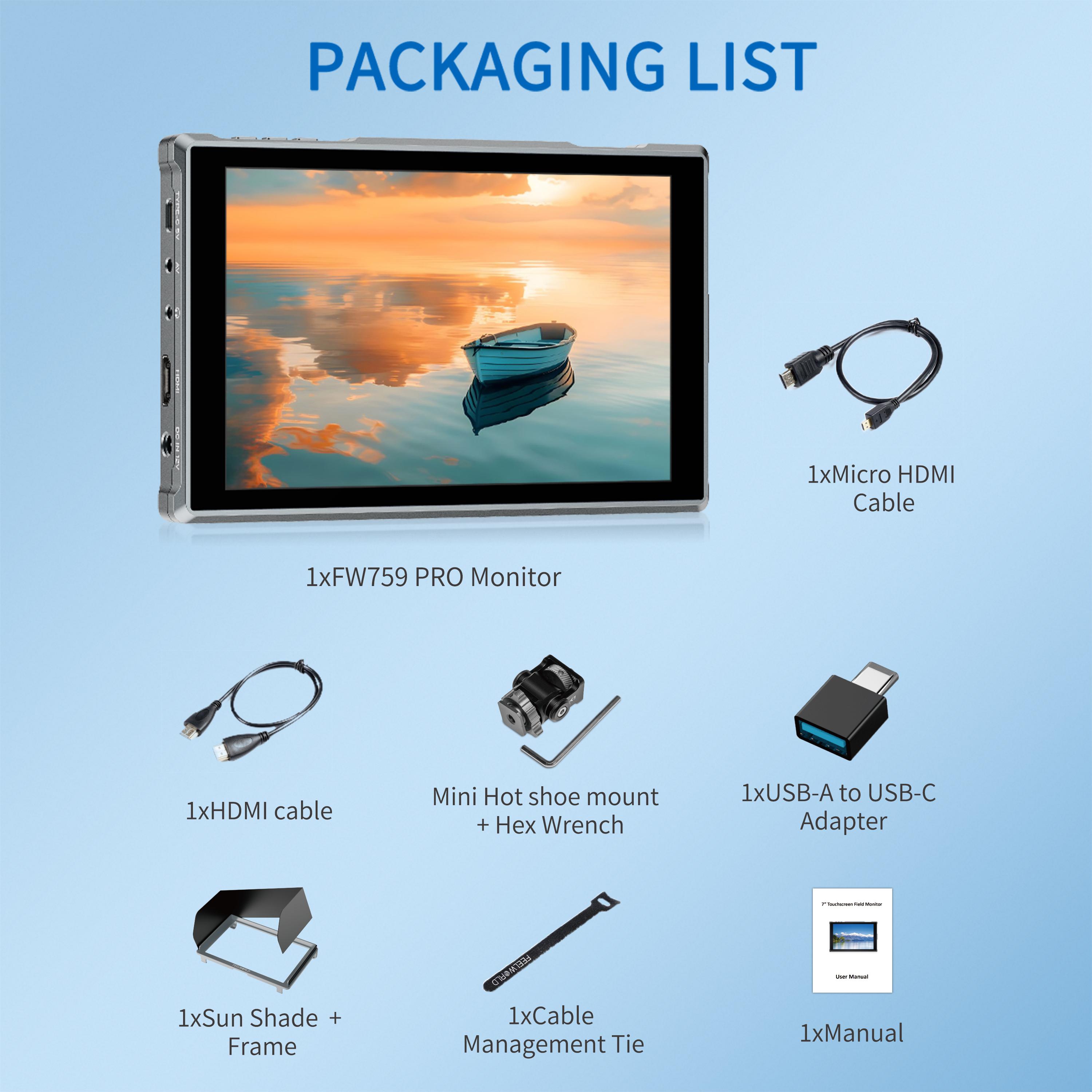 FEELWORLD FW759 PRO 7 Inch Touch Screen Camera Monitor HDMI IPS 1280x800 Field Video Monitor, /ODM Factory Direct FW759 PRO чёрный