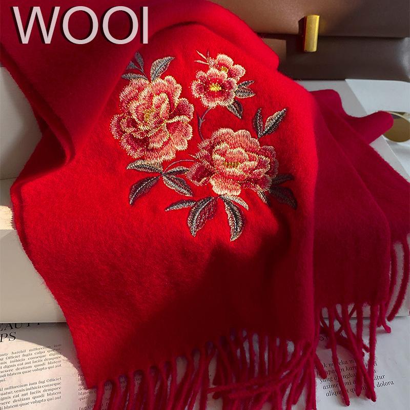 Luxury Embroidery 100% Wool Scarf Women Solid Floral Cashmere Handkerchief Warm Pashmina Female Shawl Pareo Soft Bufanda