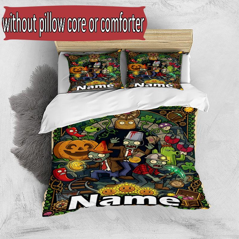 3pcs Duvet Cover Set (1*Duvet Cover + 2*Pillowcase, Without Core), Custom Name Plants Vs. Zombies Pattern Bedding Set, Home Bedroom Decor Gift