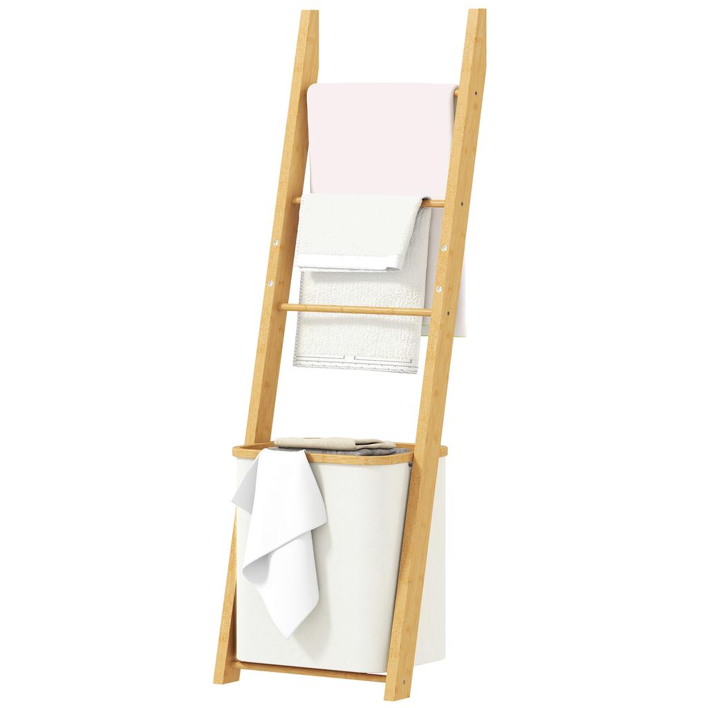 Bamboo Towel Rack with Laundry Basket, Ladder Rack, 43 x 35 x 133 cm, Cream
