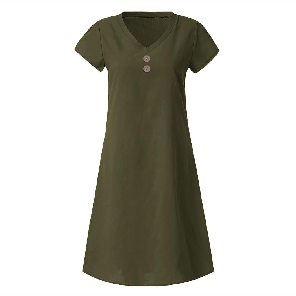 Women's Fashionable Retro V-Neck Short-Sleeve Casual Cotton-Linen Dress