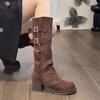 Retro Women Trouser Legs Removable Belt Buckle Autumn Winter Thick Heel Ladies Elegant Long Booties for Adult Women