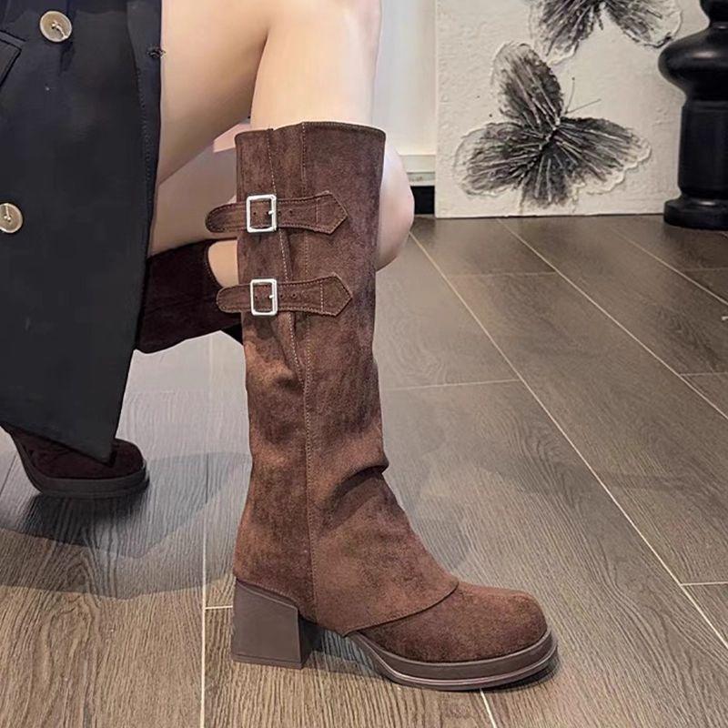 

Vintage Women Trouser Legs Boots Removable Belt Buckle Autumn Winter Shoes Thick Heel Ladies Elegant Long Booties 35