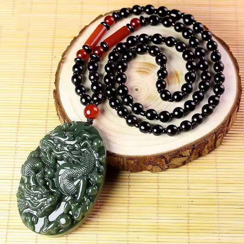 Natural Hetian Jade Dragon Pendant Necklace Green Qing Jade Carved Beast Totem Amulet, Chinese Style Jade Plaque Men Women 1set