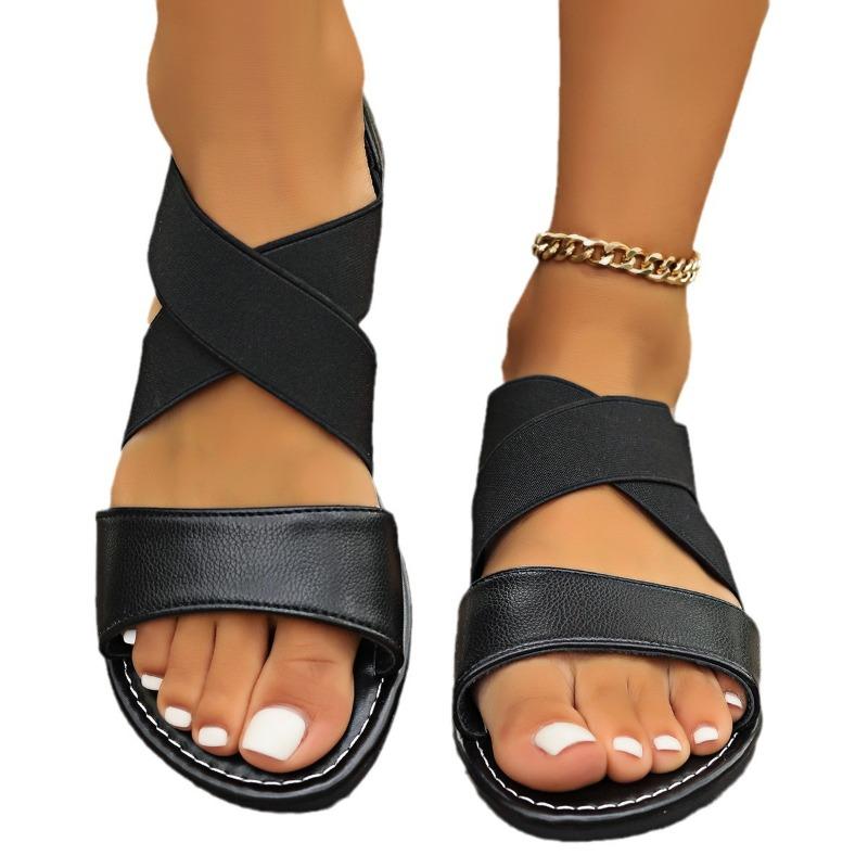 New Summer Women's Cross Elastic Flat Soled Beach Sandals for Outdoor Wear