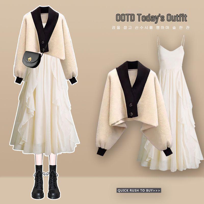 Женский рождественский красный свитер и платье-комбинация - Облегающий двухпредметный осенне-зимний наряд M (80-100 lbs)