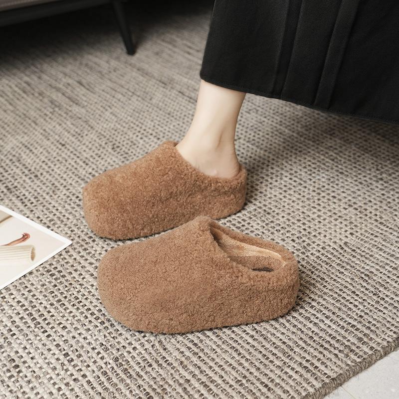 Women's retro lightweight comfortable non-slip heightening winter warm plush lining non-slip durable casual cotton one-step slippers
