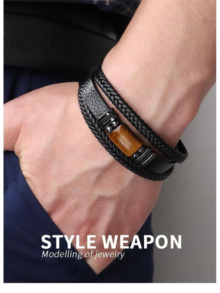 Men's Multilayer Leather & Tiger Eye Stone Beaded Bracelet with Magnetic Clasp