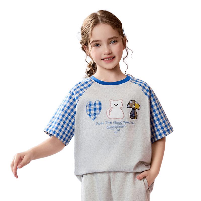 ASK JUNIOR Girls  Blue Plaid Short Sleeve T-Shirt 150