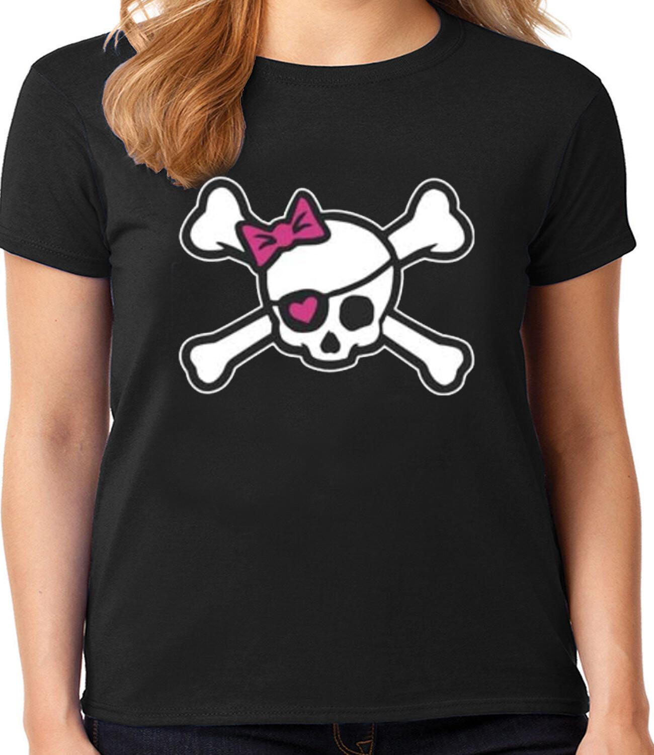 Pirate T-shirt Womens Ladies Tee Shirt Skull Crossbones Pink Ribbon S