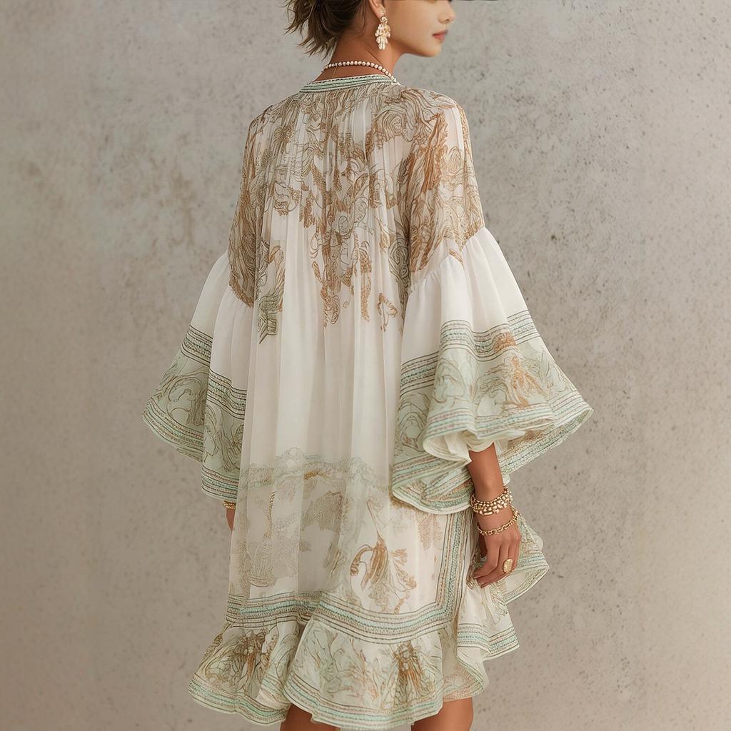New European and American Style Printed Lotus Leaf Edge Dress Women's Holiday Style Loose and Elegant Fashion Short Dress