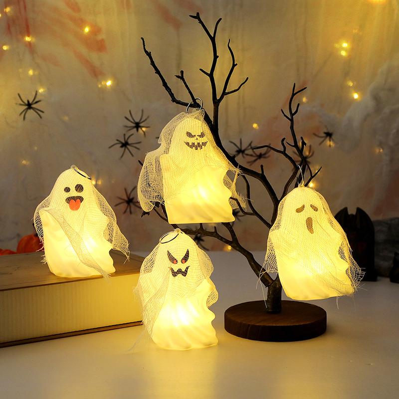 Ghost Halloween Decor - White Ghost With Spider Web Led Night Light Spooky Figurine Statue Festival Lamp T Hanging Decorations