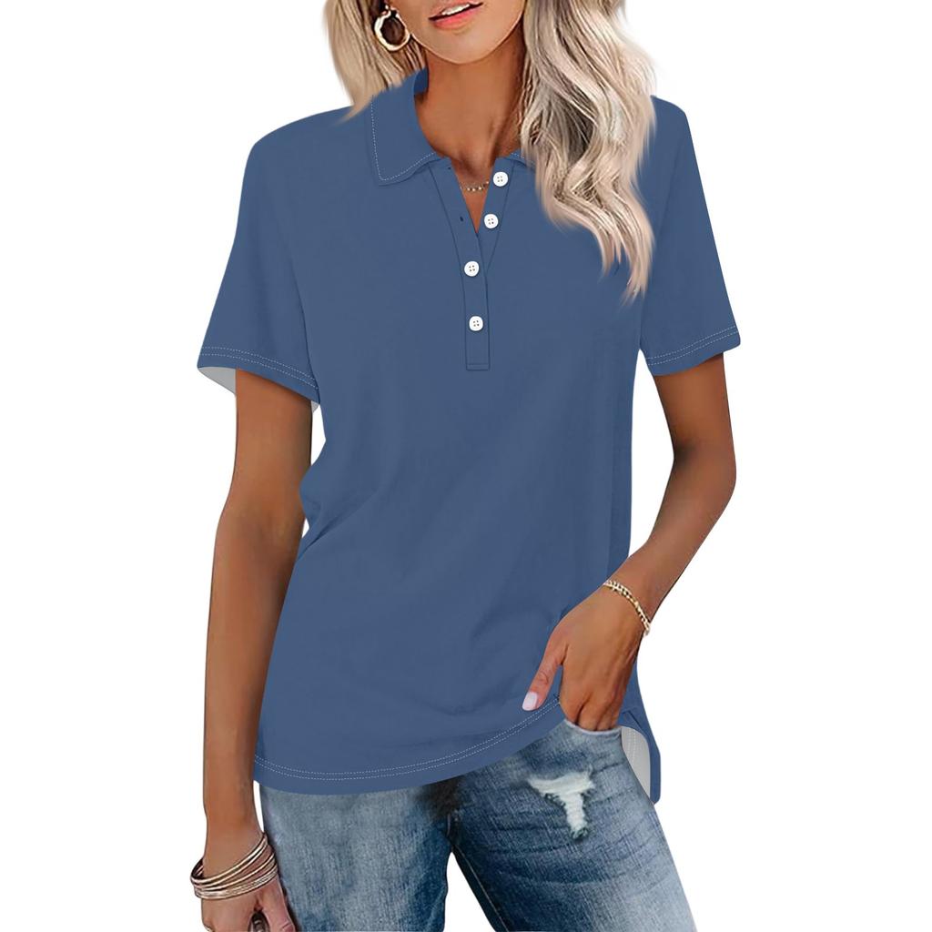 Women's Fashion Lapel Short Sleeve Solid Color Printed Button Top