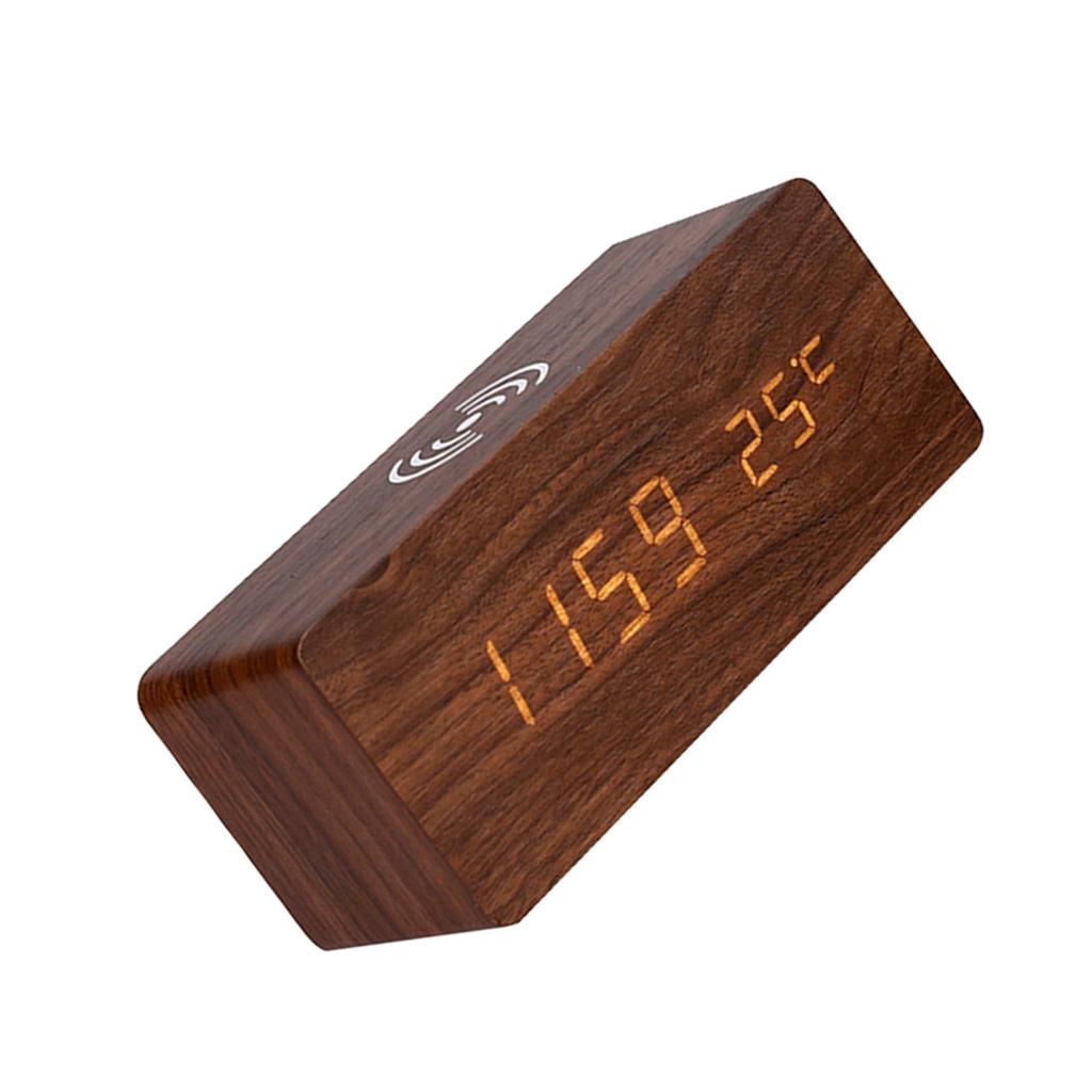 Digital Wooden Alarm Clock Electronic LED Time Display for Bedroom 10W Wireless Charging 3 Alarm Settings Date&Temp