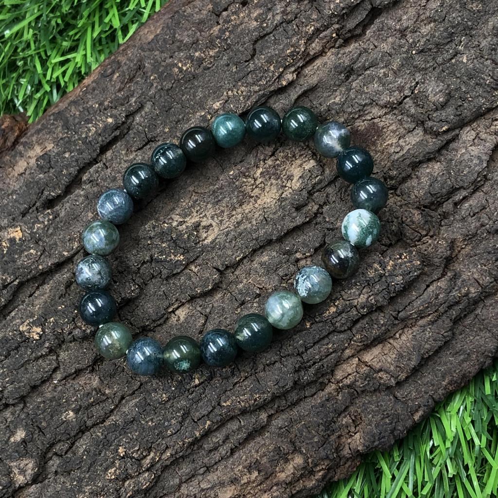 8mm Natural Moss Agate Gemstone Beads Jewelry Handmade Green Stone Bracelet 7.5" For Good-Luck RBB-56