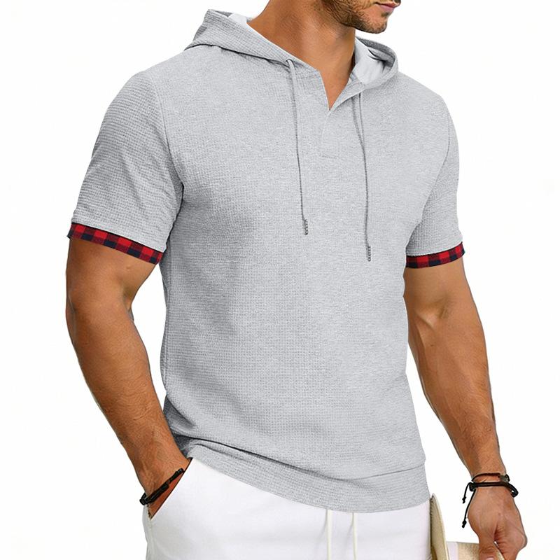 Men's Hooded T-Shirt Short Sleeve Contrast Plaid Cuff Drawstring Breathable Casual Pullover Tops Summer Hooded Tees Men
