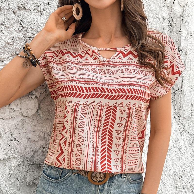 Women's Fashion Summer Shirt Geometric Pattern Round Neck Loose Short Sleeved Shirt Top