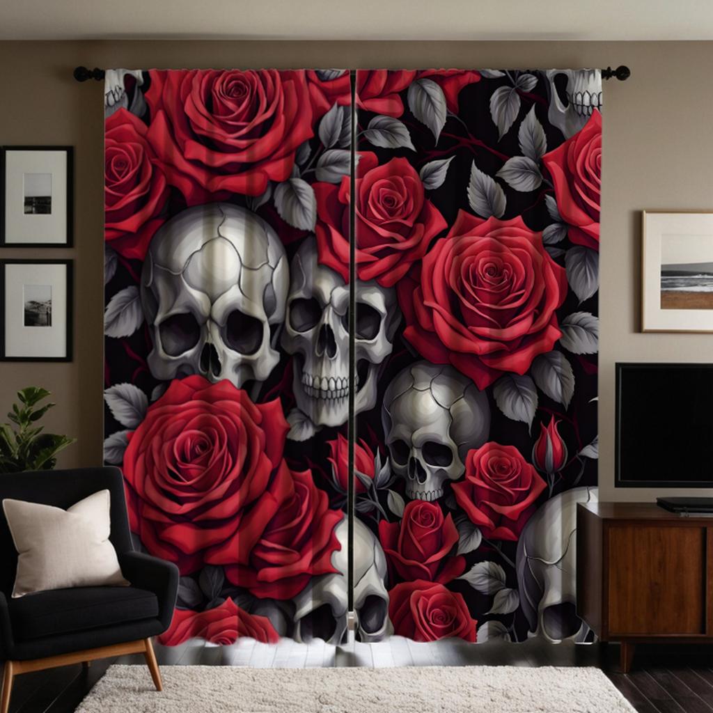 2pcs HD Skull Rose curtain Red tie digital printed curtain Home Decoration style Decorate living room bedroom Wear rod curtai