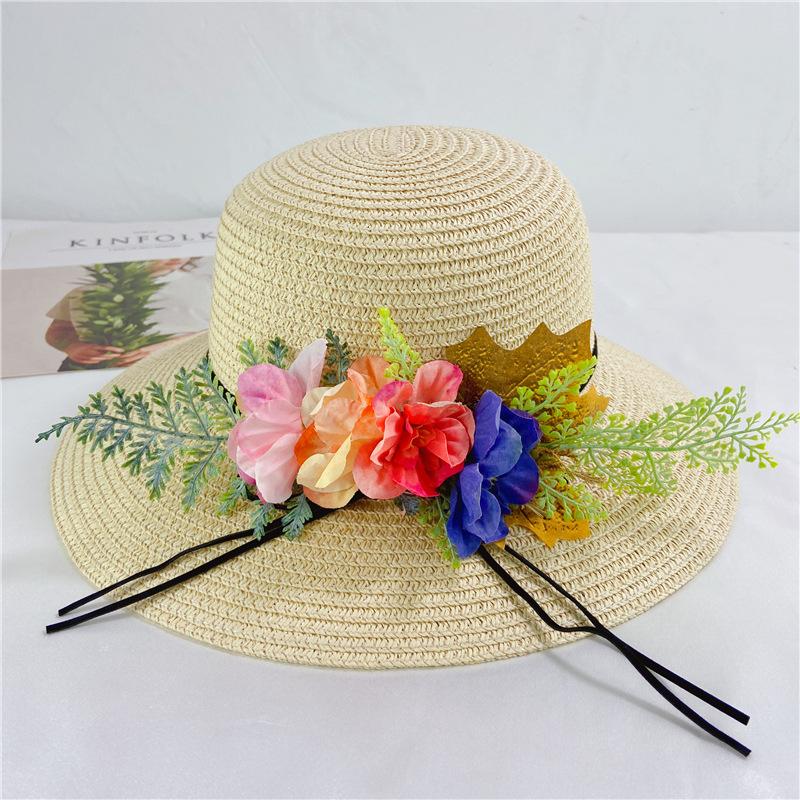 Pastoral flowers straw hat women summer sunscreen sunshade bucket hat travel seaside beach basin hat foldable