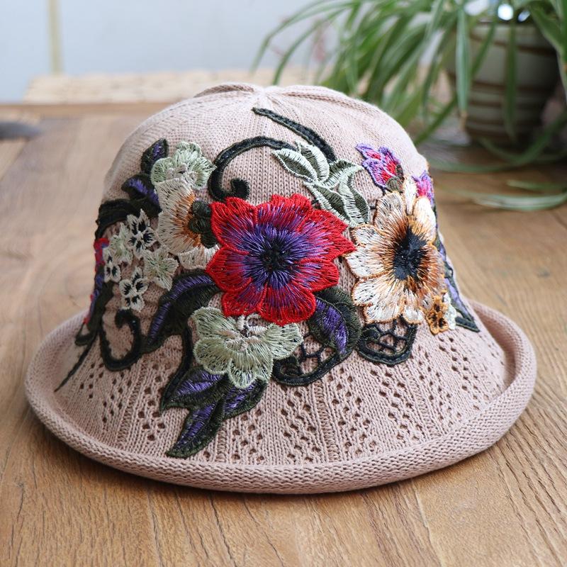 Vår og sommer etnisk vind broderi blomst sammenleggbar hatt dame strikkelue sandbøttehatt