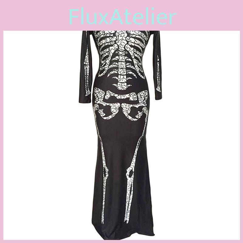 Plus Halloween Midnight Horror Vampire Skeleton Costume Long Fancy Dress Outfit For Spooky Events