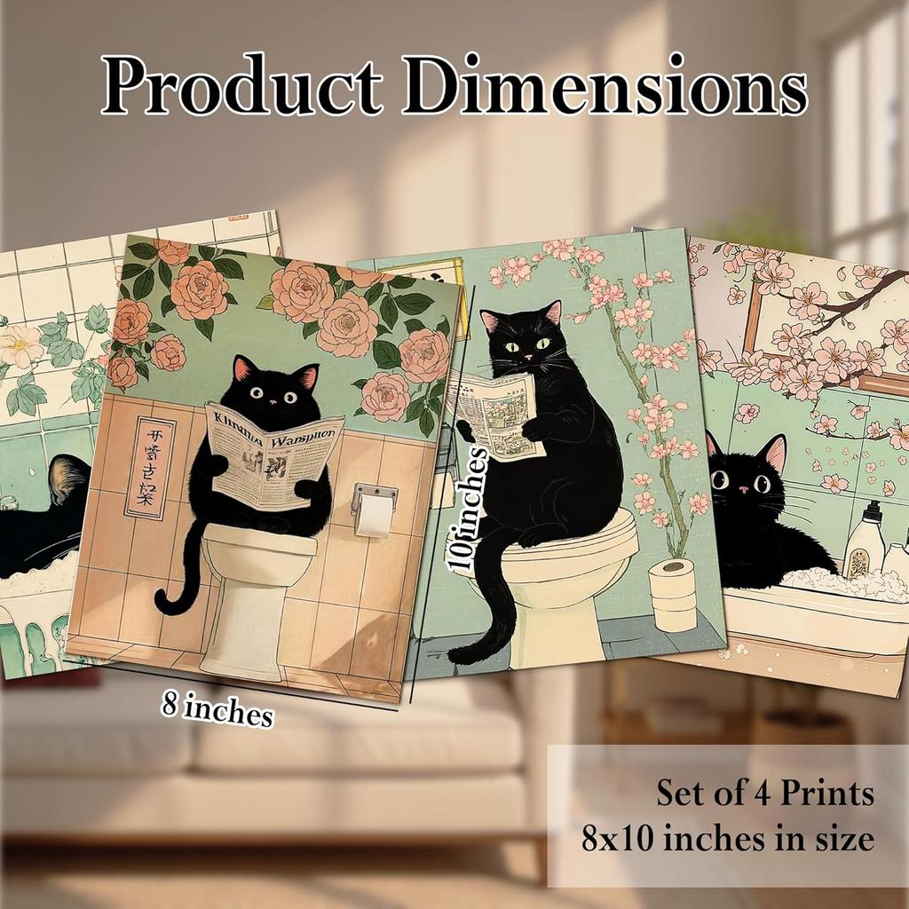 DOFQZ Funny Black Cat Bathroom Wall Art Prints Set of 4, Cat Bathroom Decor, Retro Japanese Black Kitten Floral Aesthetic Posters for Bath Room