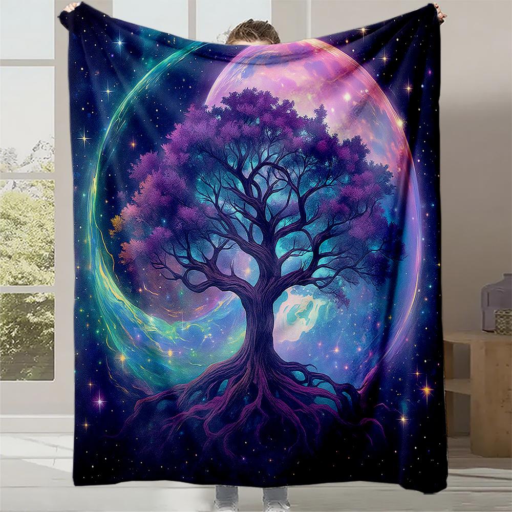 

1pc Dreamy Cosmic Tree Print Flannel Blanket - Soft, Warm, and Light -Friendly, All-Season Luxury Bedspread with Vibrant Starry 130x150cm