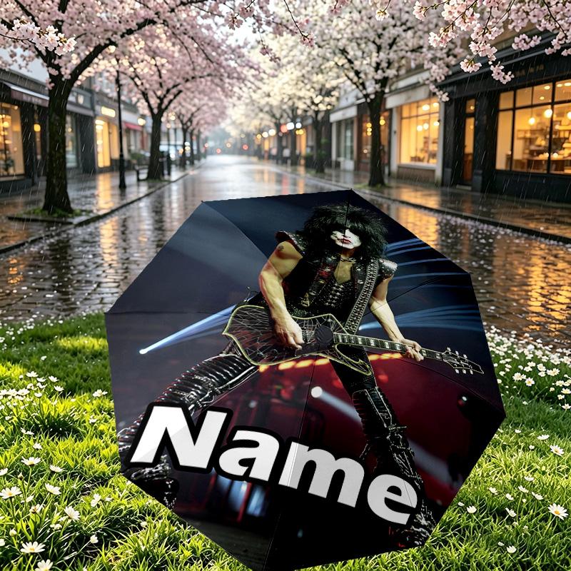 Custom Name Personalized Kiss Rock and Roll Print Umbrella, Auto Open Close, 8‑Rib Sturdy Frame, Commute Camping Hiking Use, Birthday Gift