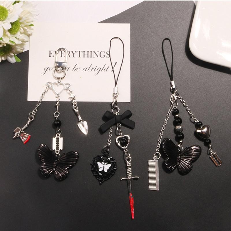 Trendy Phone Lanyard Gothic Style Butterfly Heart Keychain Pendant Durable Phone Strap Portable Phone Accessory for Keys