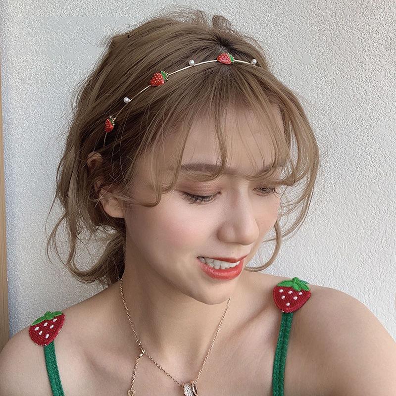Lystrfac Korean Cute Cherry Alloy Pearl Headband for Women Girls Strawberry Flower Hairband Thin Hair Hoop Hair Accessories